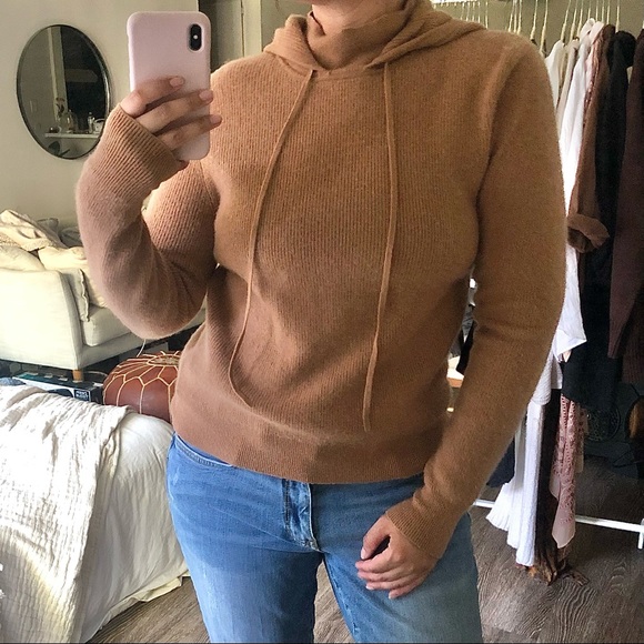 Theory Sweaters - Theory Ribbed Wool Cashmere Blend Mockneck Hoodie in Tan Medium